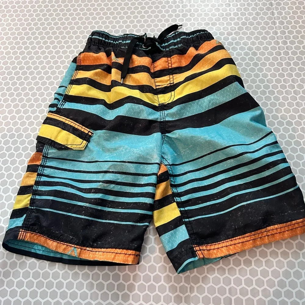 Kanu Surf Striped Swim Trunks in Teal, Yellow & Black Beach Summer.  Size S (8)